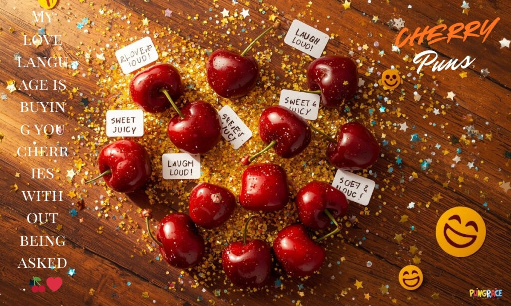 Fresh glossy red cherries bursting with golden sparkles
and laugh emoji confetti on warm wooden surface — perfect
hero image for ultimate cherry puns jokes and funny
cherry captions
